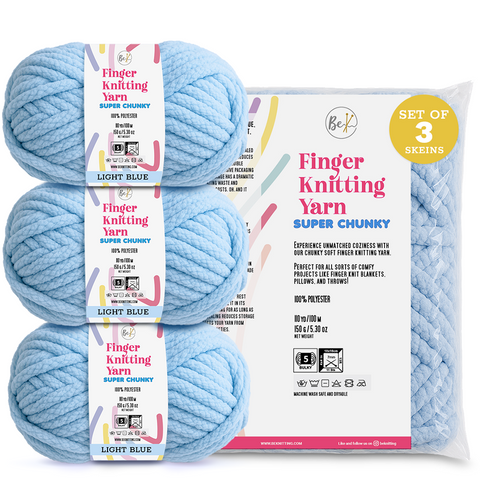 BeKnitting Set of 3 Pack Balls of 110yd #5 Light Blue Polyester Soft Velvet Chenille Finger Knitting Crochet Yarn