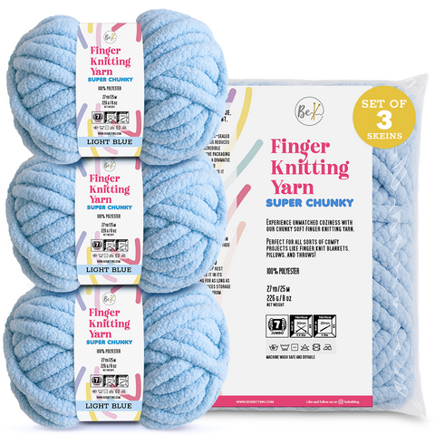 BeKnitting Set of 3 Pack Balls of 27yd #7 Light Blue Polyester Soft Velvet Chenille Finger Knitting Crochet Yarn