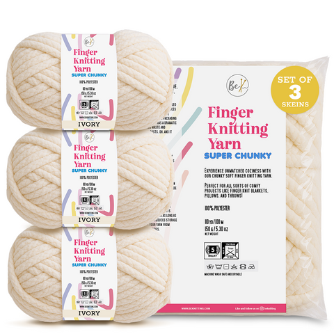 BeKnitting Set of 3 Pack Balls of 110yd #5 Ivory Polyester Soft Velvet Chenille Finger Knitting Crochet Yarn