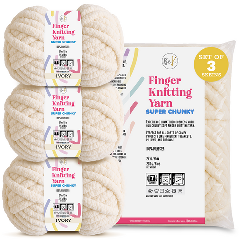 BeKnitting Set of 3 Pack Balls of 27yd #7 Ivory Polyester Soft Velvet Chenille Finger Knitting Crochet Yarn
