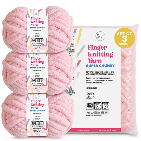 BeKnitting Set of 3 Pack Balls of 27yd #7 Pink Polyester Soft Velvet Chenille Finger Knitting Crochet Yarn